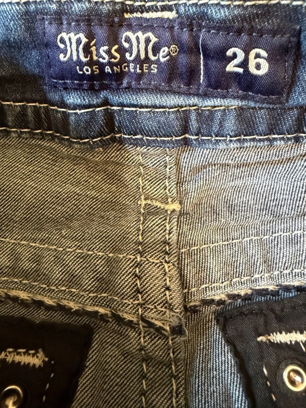 Miss Me Women's Blue Denim Bermuda Rhinestone Shorts 26 Mid Rise Medium Wash EUC